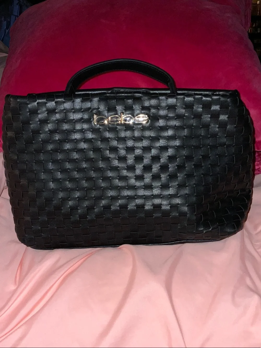 bebe Black Woven Top-Handle Satchel with Gold Logo